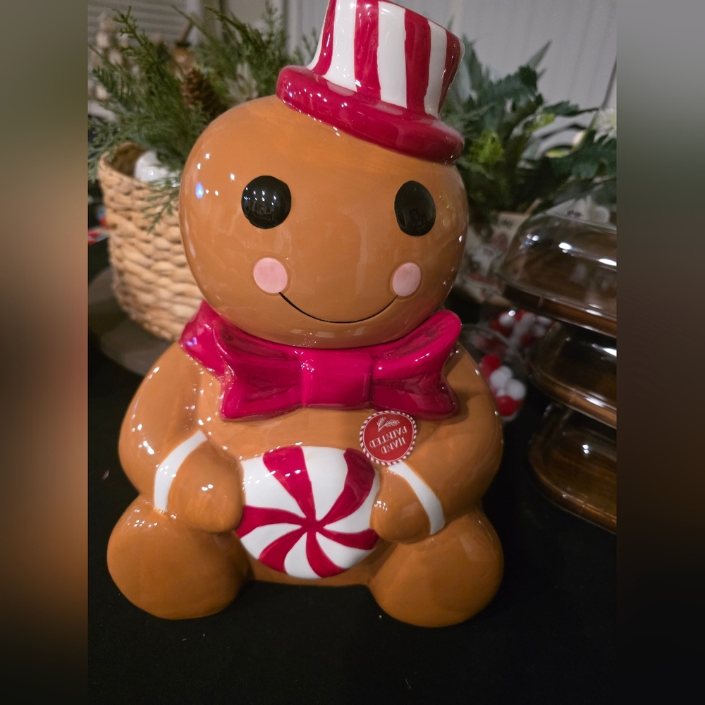 Peppermint & Pine Gingerbread Man Cookie Jar with Red and White Candy Accents